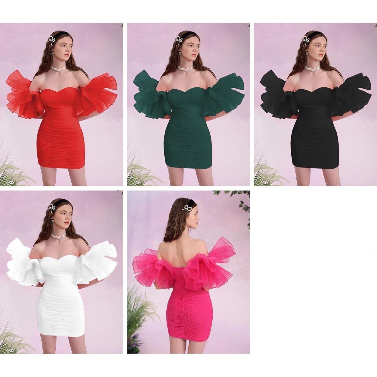 Off Shoulder Tight Pleated Short Dress