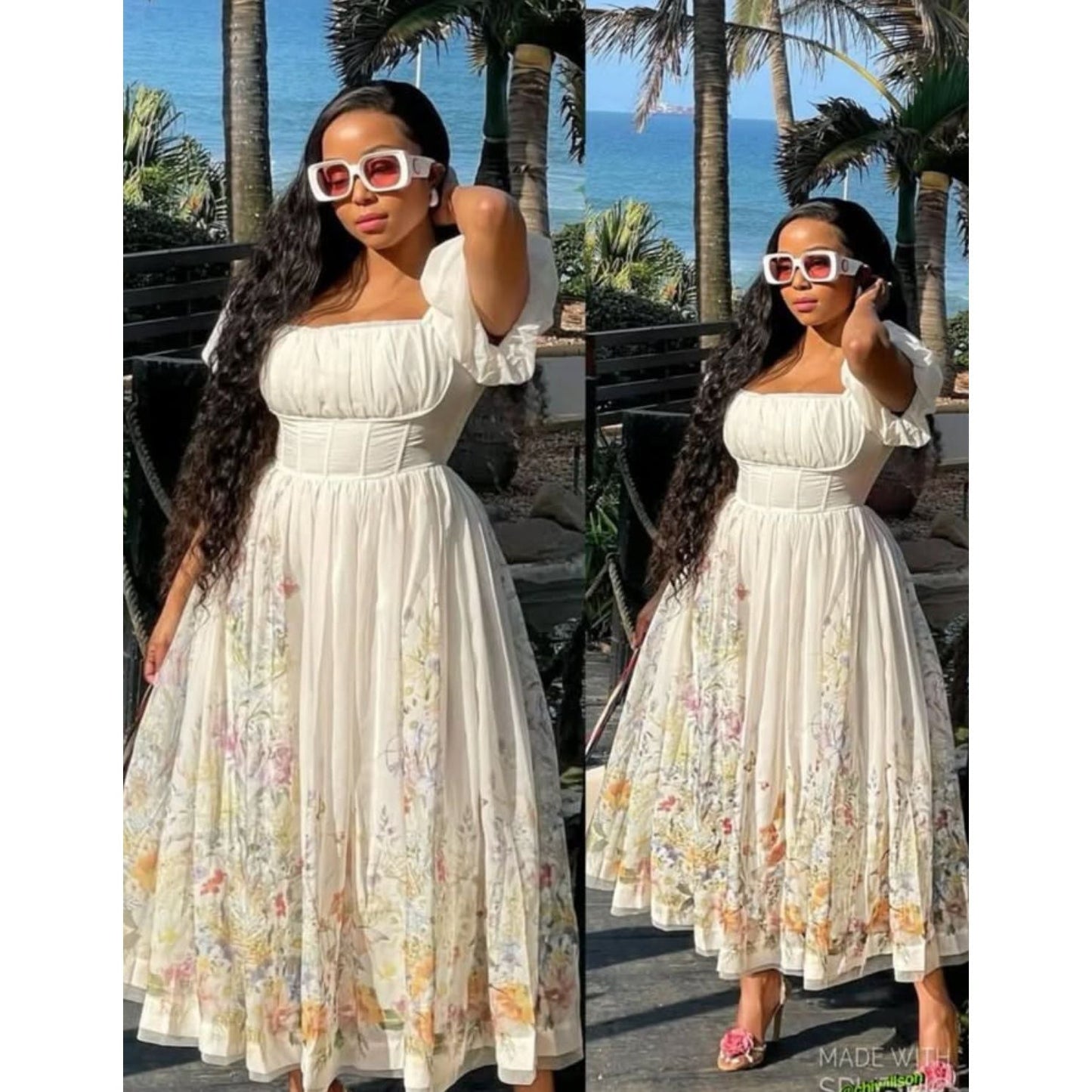 Floral Square Neck Puff Sleeve Midi Dress