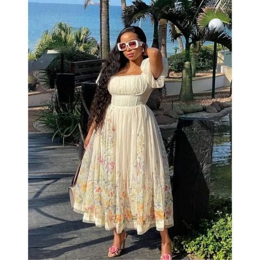 Floral Square Neck Puff Sleeve Midi Dress
