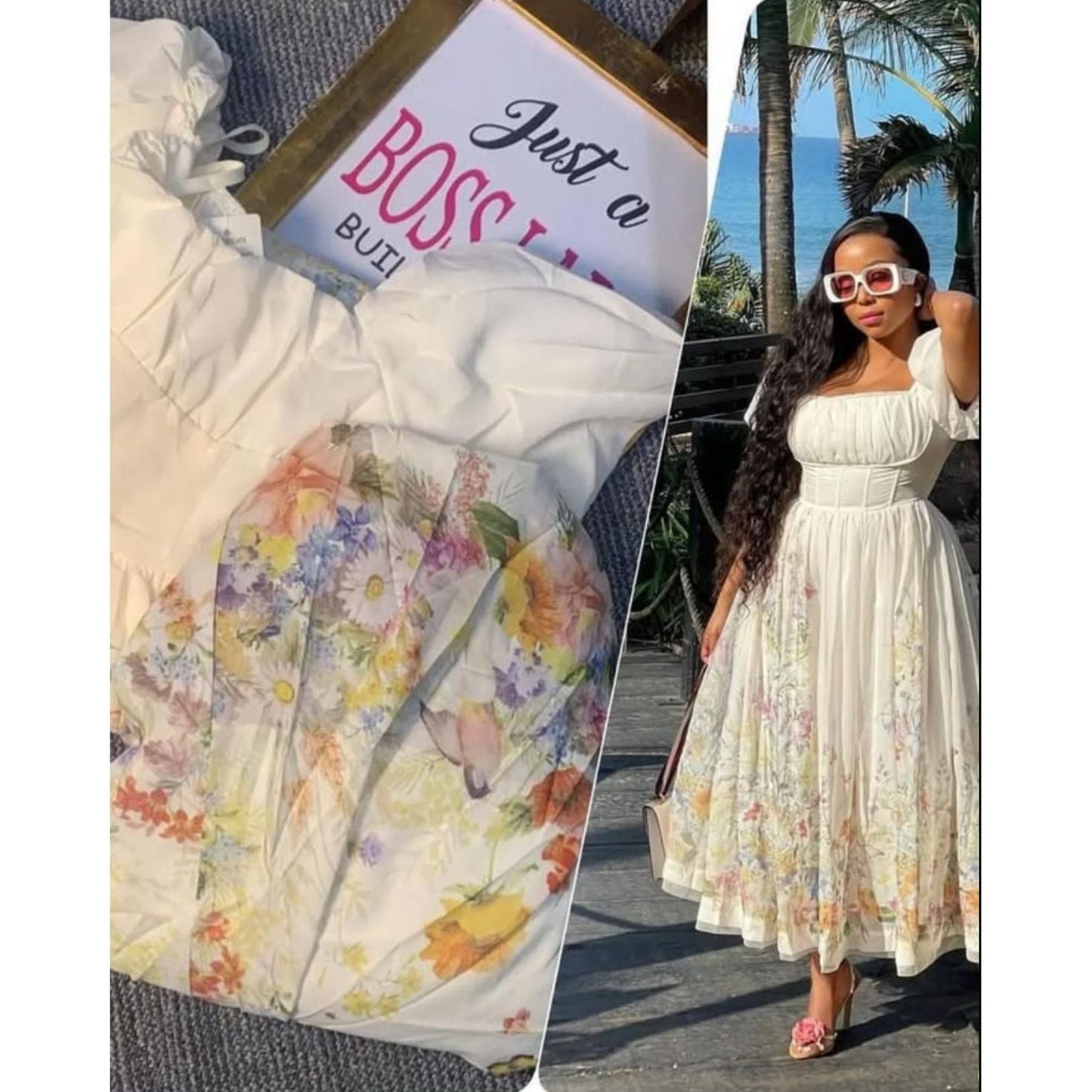 Floral Square Neck Puff Sleeve Midi Dress