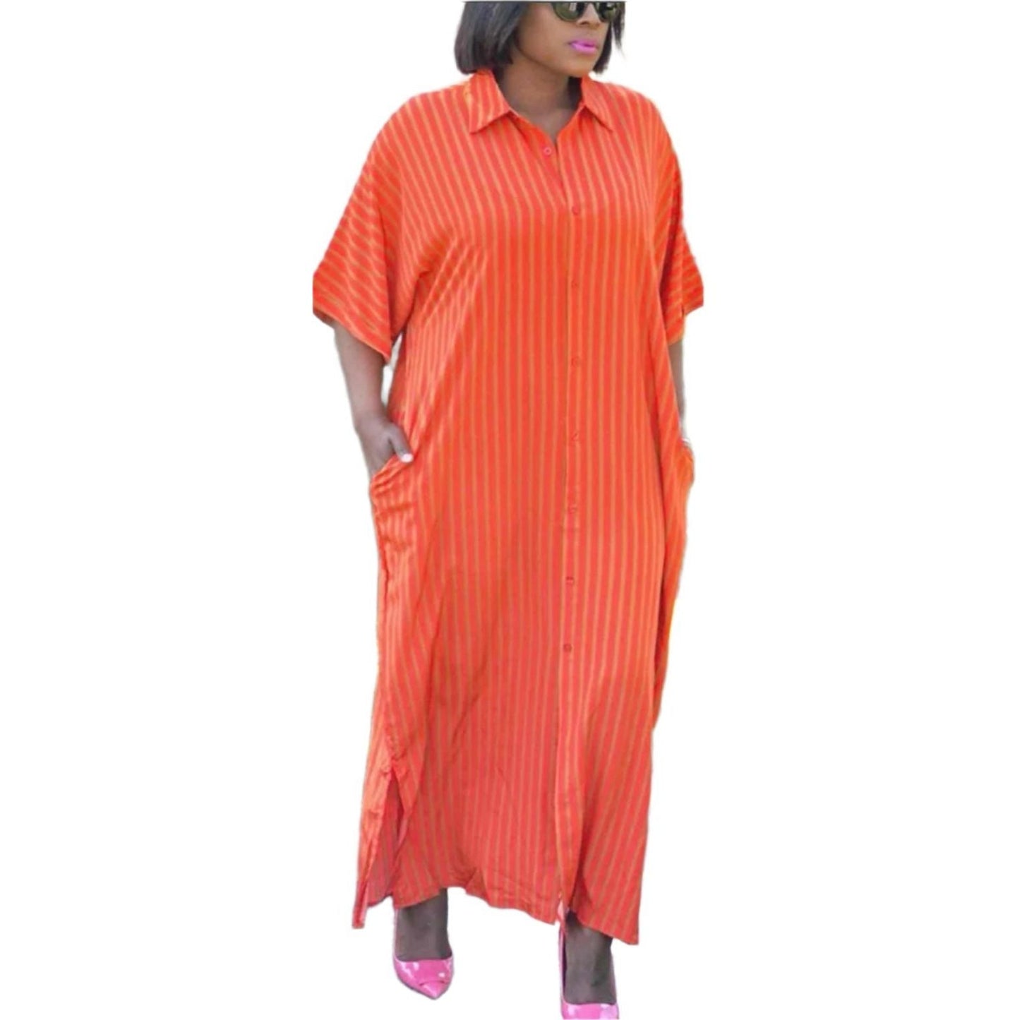 Half Sleeve Striped High Slits Dress.