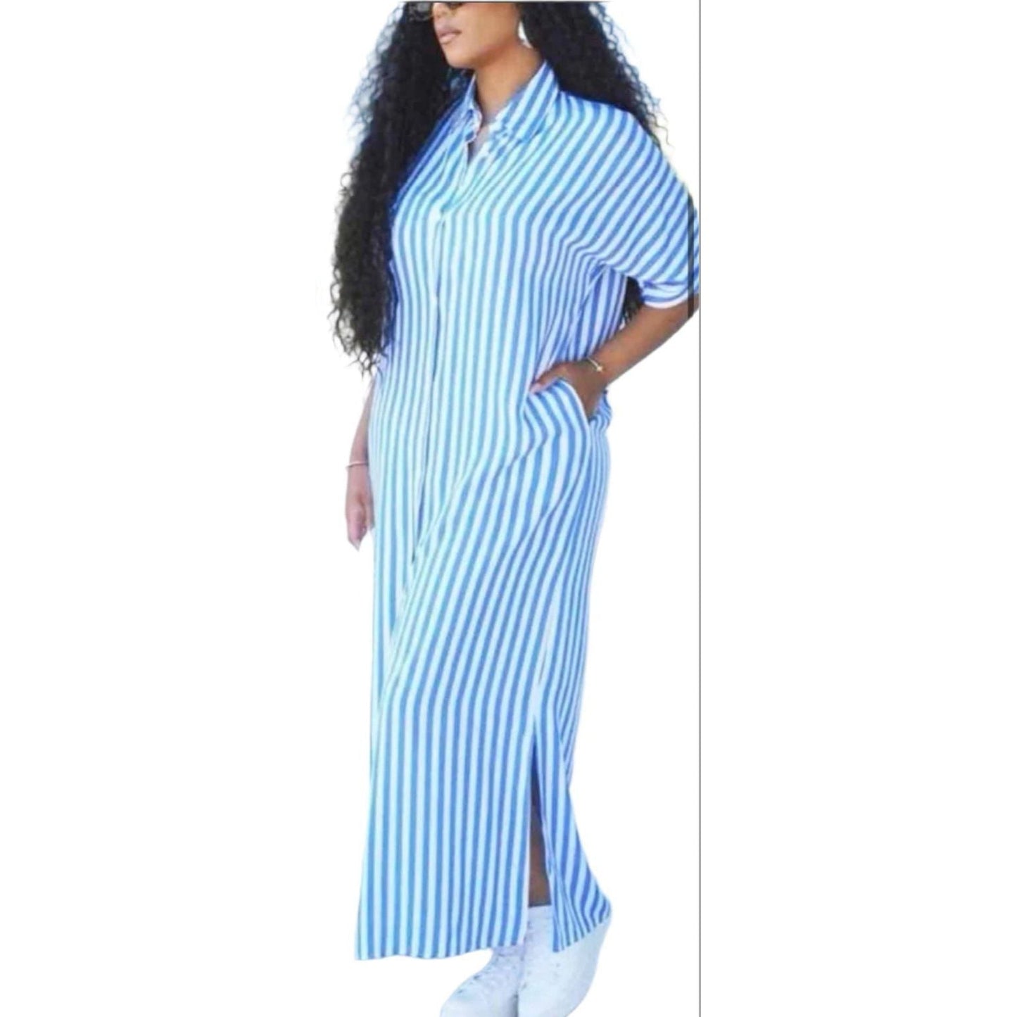 Half Sleeve Striped High Slits Dress.