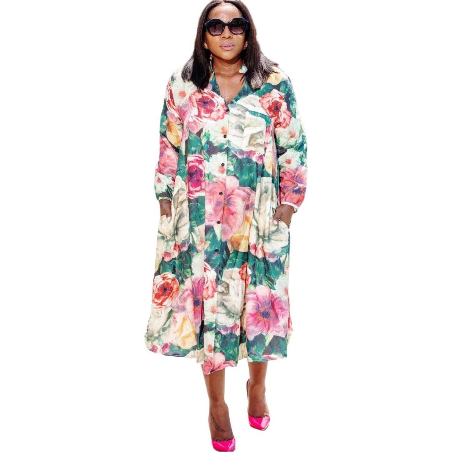Plus Floral Print Satin Midi Shirt Dress
