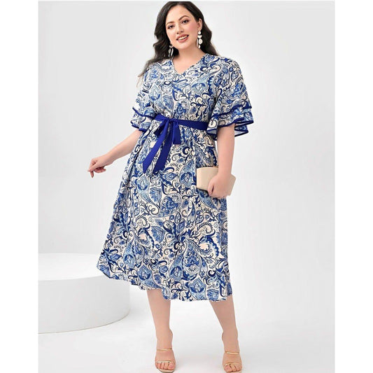 Plus Geo Print Butterfly Sleeve Multi-color Dress