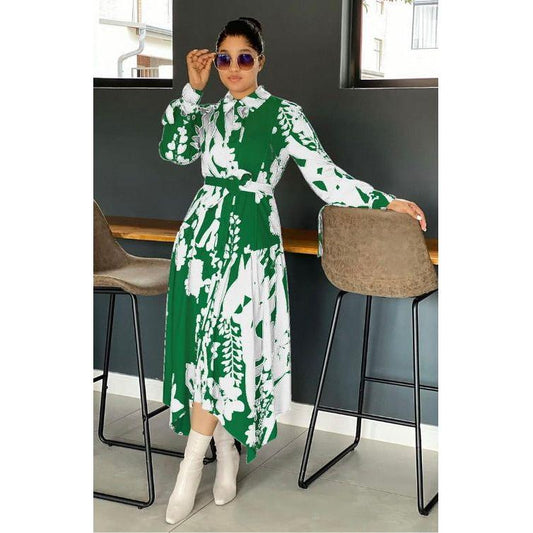 Elegant Long Sleeve Casual Tie Belted Shirt Dress.