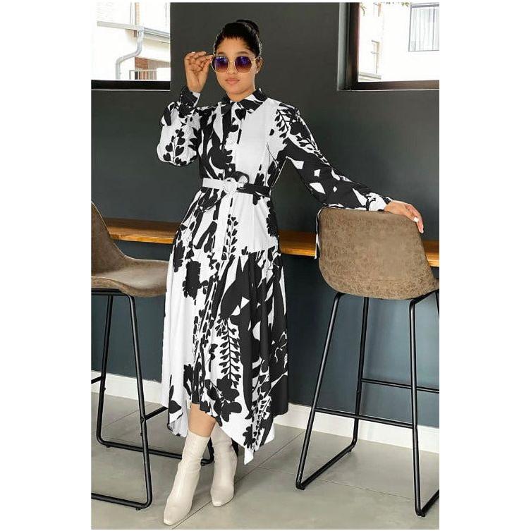 Elegant Long Sleeve Casual Tie Belted Shirt Dress.