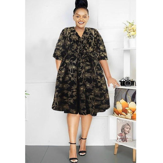 Floral V-neck three Quarter sleeve Dress