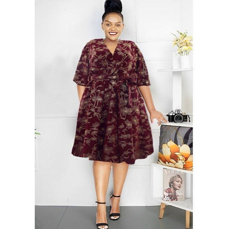 Floral V-neck three Quarter sleeve Dress