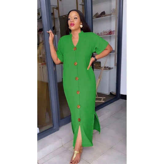 Short Sleeve V-neck Side Slit Maxi Shirt Dress