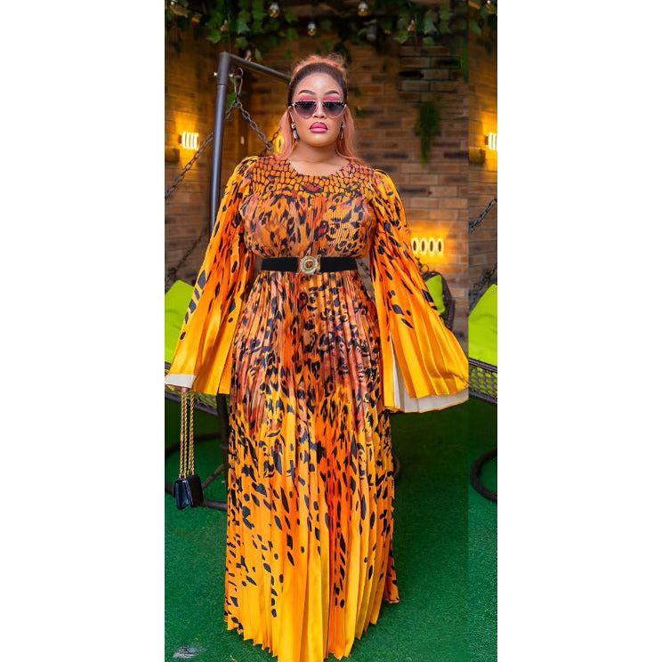 Pleated Long Puffy Sleeve Maxi Dress