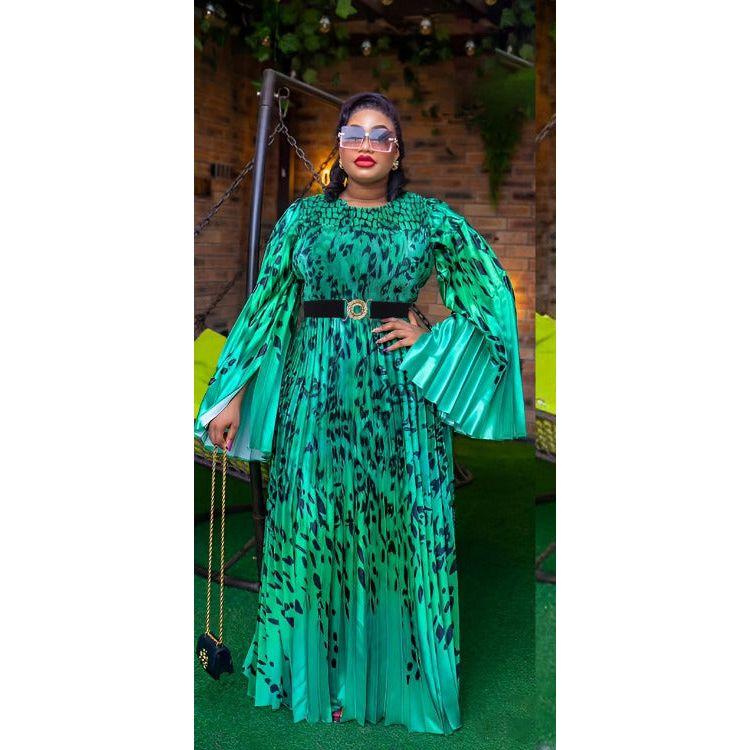 Pleated Long Puffy Sleeve Maxi Dress