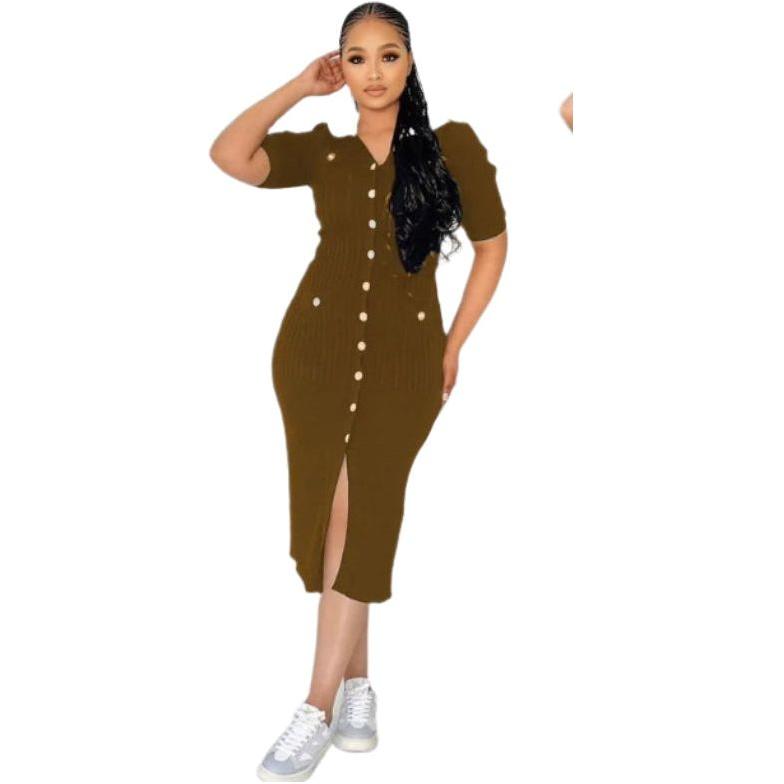 Button Up High Waisted Preppy Midi Dress
