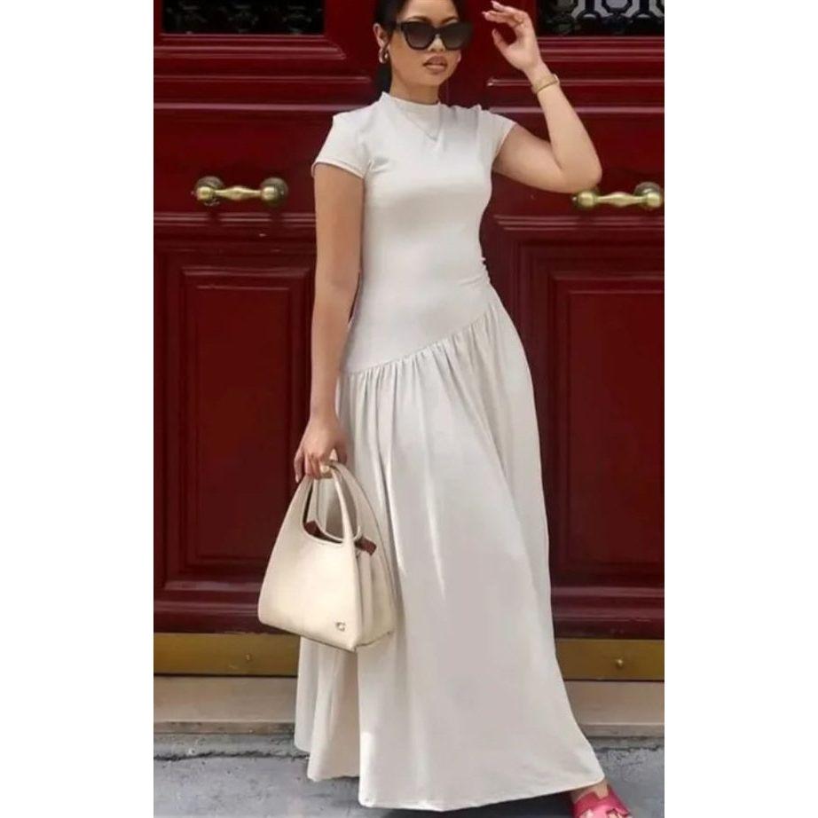 Stand Neck Short Sleeve High Waist Midi Dress