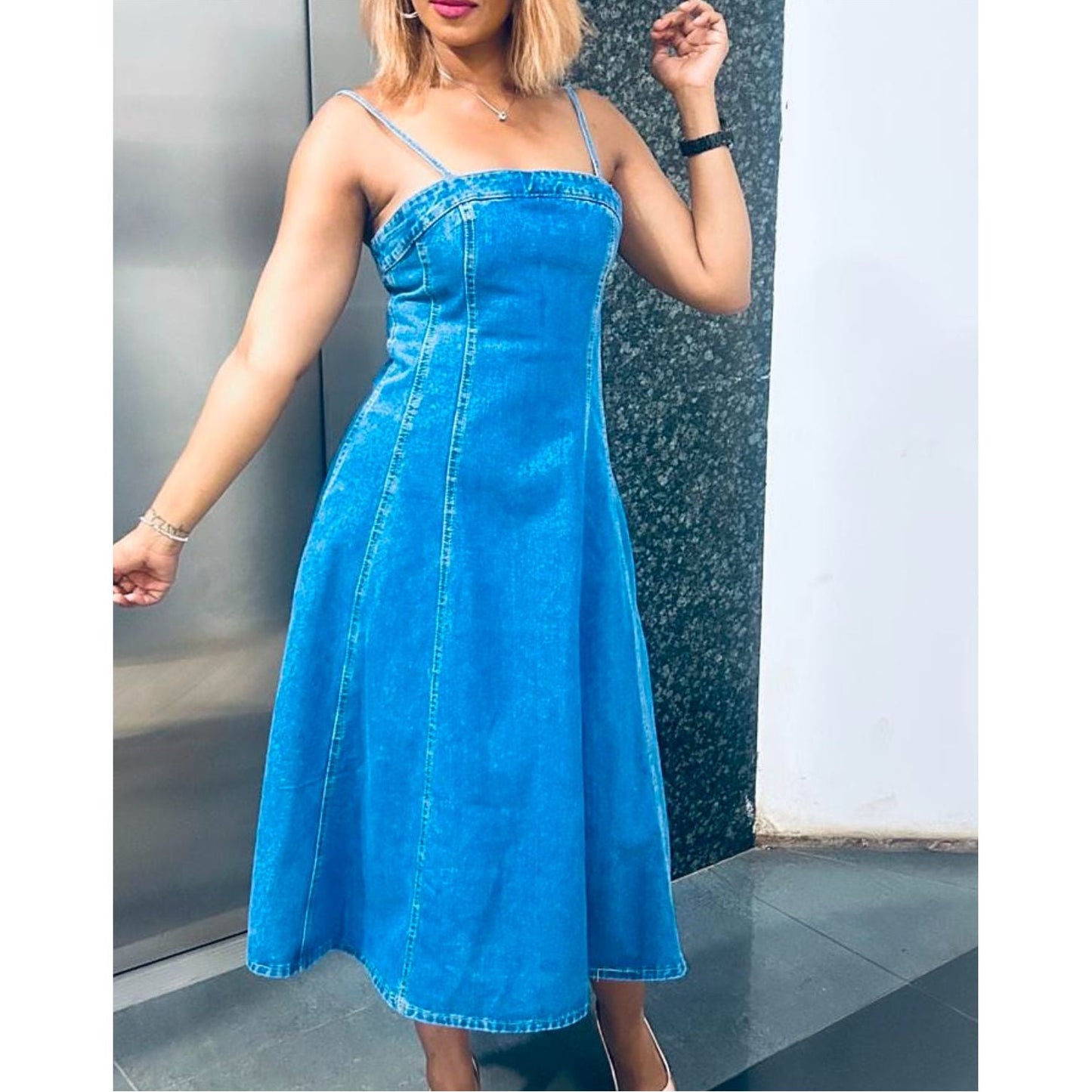 Light Blue Coated Denim Balloon Midi Dress