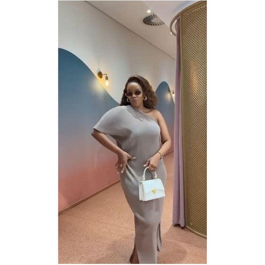 One Shoulder Split Solid Color Bodycon Maxi Dress