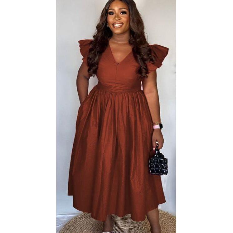 Elegant Black V-Neck Ruffle Sleeve Pleated Midi Dress