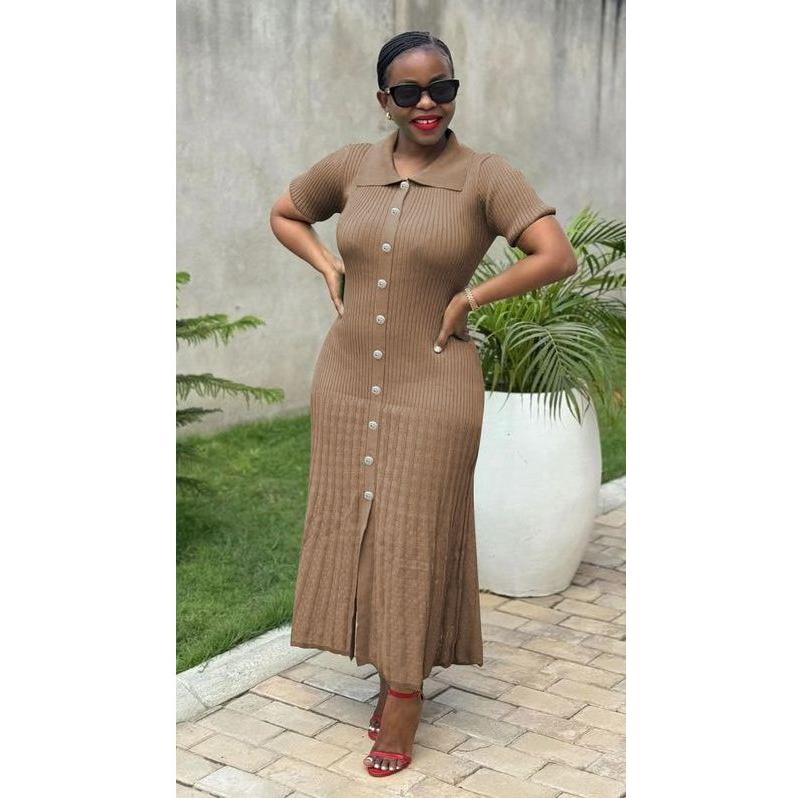 Buttons Knitting Ribbed Bodycon Midi Dress