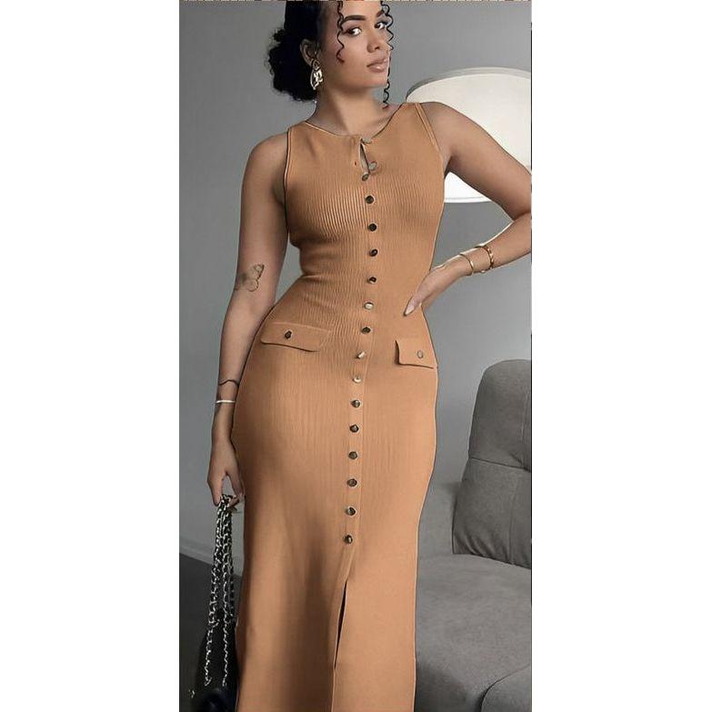 Sleeveless Button Down Knitted Long Bodycon Dresses