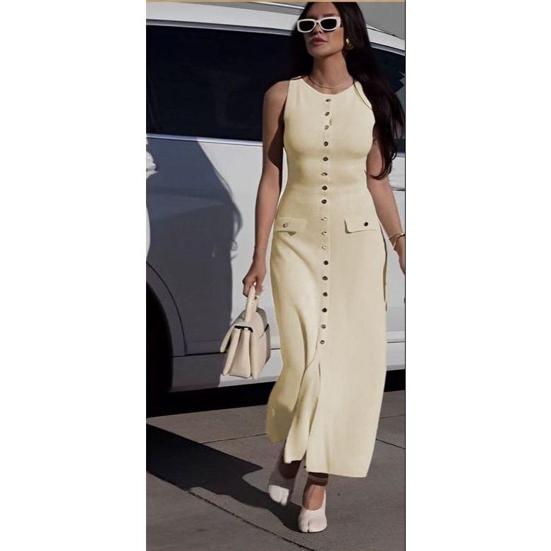 Sleeveless Button Down Knitted Long Bodycon Dresses