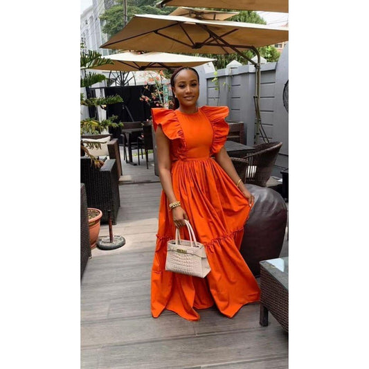 Ruffle Shoulder Round-Neck Sleeveless Maxi Dress