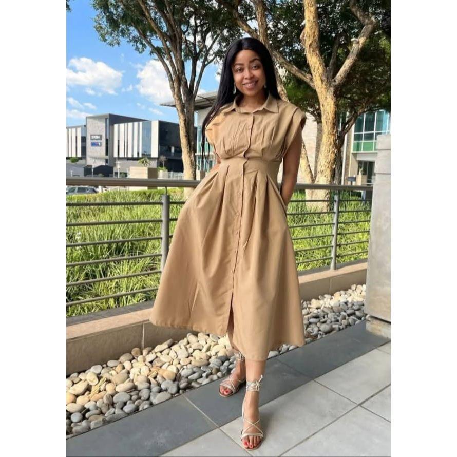 Button Down Sleeveless V-Neck Midi Dress