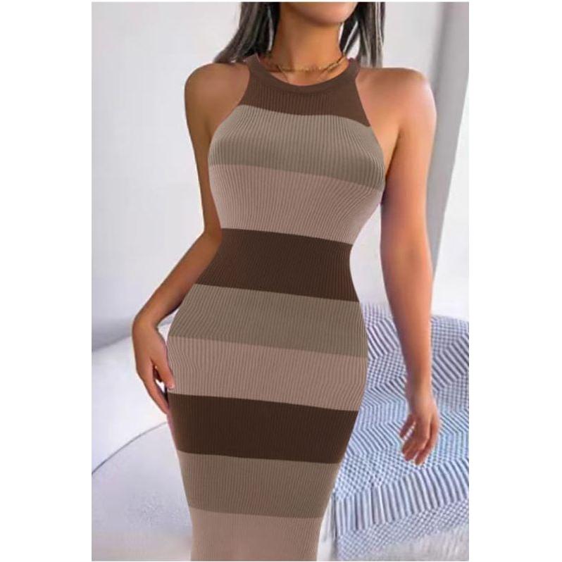 Crew Neck Sleeveless Striped Fitted Sweater Dress
