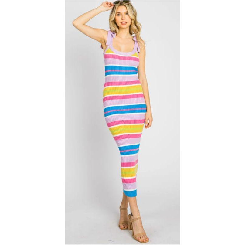 Striped Sweater Knit Shoulder Tie Midi Dress