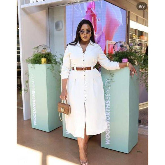 Turn Down Collar V Neck Button Elegant Shirt Dress.