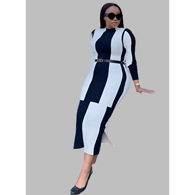 Striped Pattern Long Sleeve A-line Midi Dress