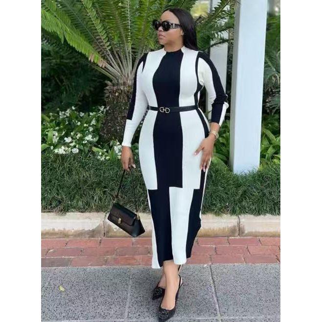 Striped Pattern Long Sleeve A-line Midi Dress