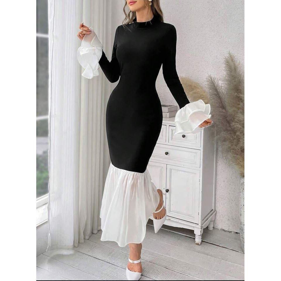 Fish Print With Ruffle Details Asymmetric Hem Dress