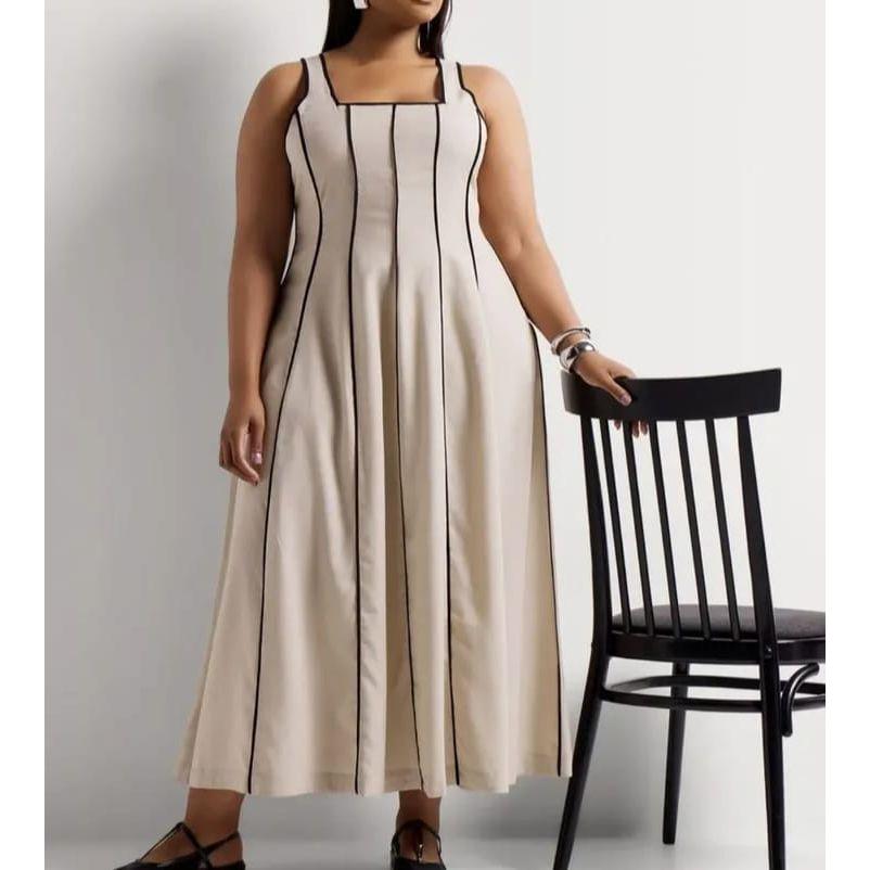 Sleeveless Striped Contrast Binding Midi Dress