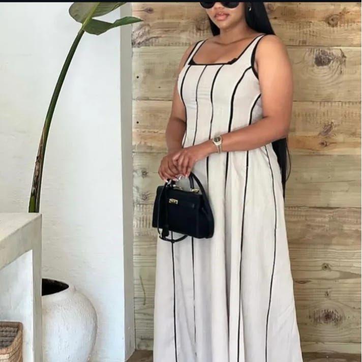 Sleeveless Striped Contrast Binding Midi Dress