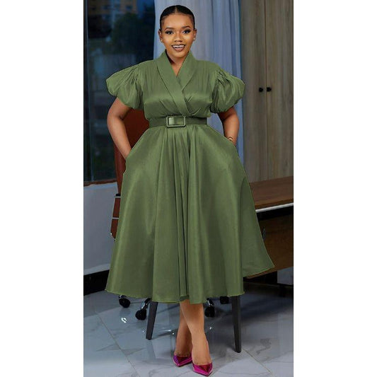 Formal Elegant Overlap Collar A-line Midi Dress.