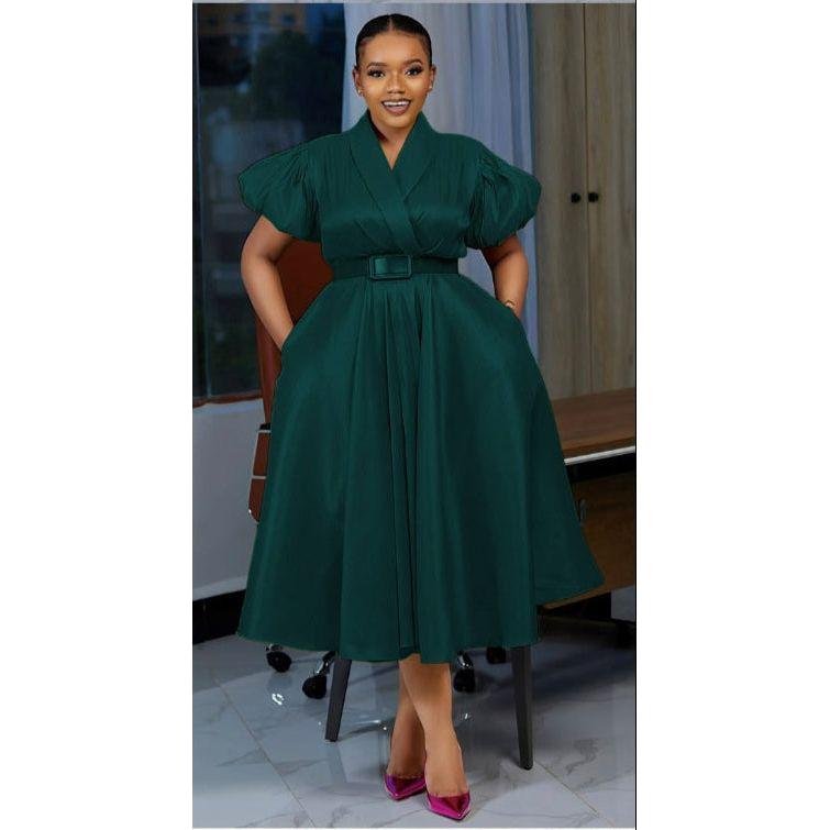 Formal Elegant Overlap Collar A-line Midi Dress.