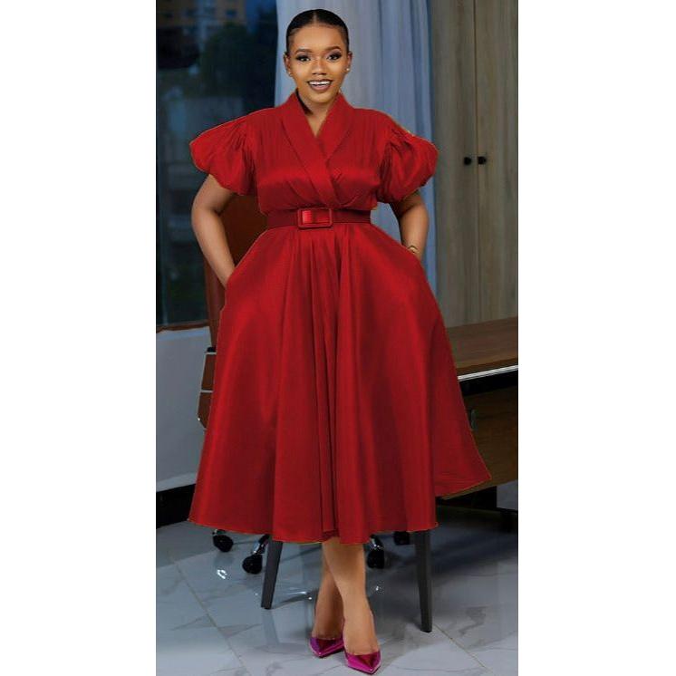 Formal Elegant Overlap Collar A-line Midi Dress.