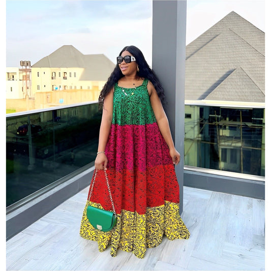 Multicolor Styles Vibrant  African Print Pleated Maxi Dress.