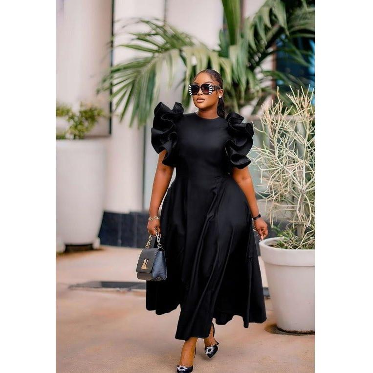 Round Neck Puff Flared Sleeves Midi Dress