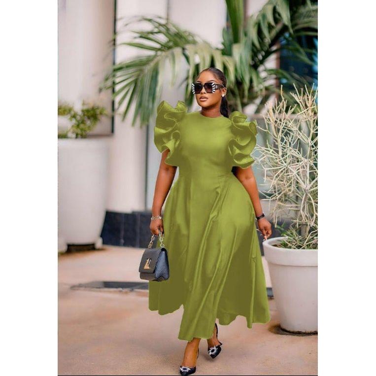 Round Neck Puff Flared Sleeves Midi Dress