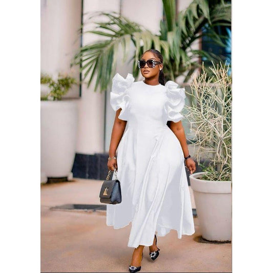 Round Neck Puff Flared Sleeves Midi Dress