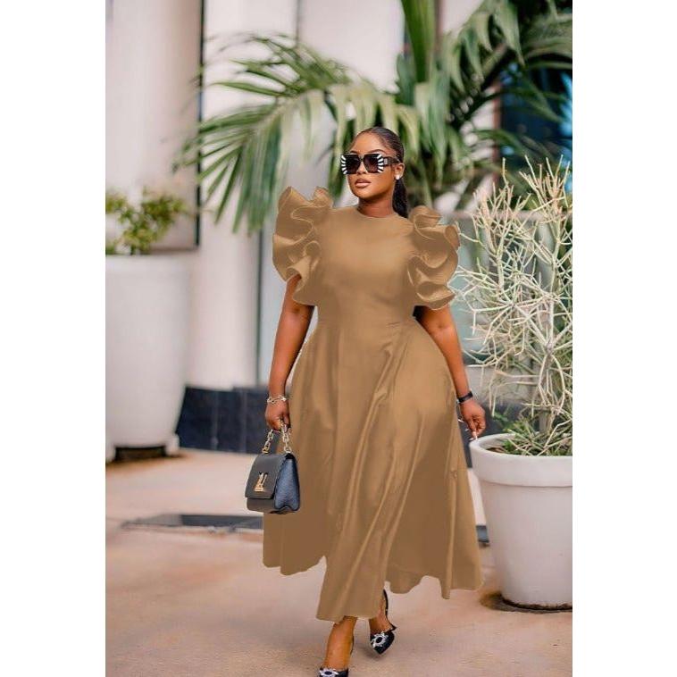 Round Neck Puff Flared Sleeves Midi Dress