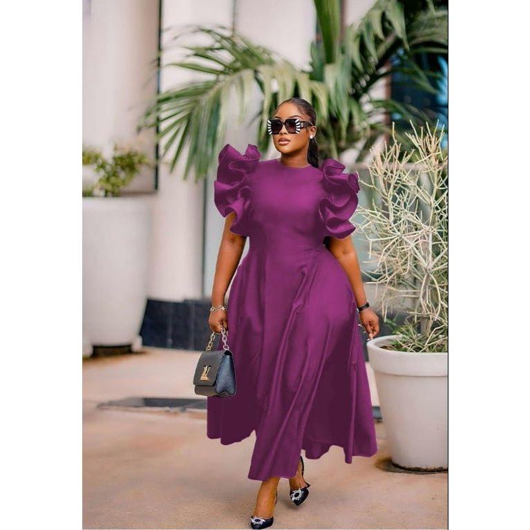 Round Neck Puff Flared Sleeves Midi Dress