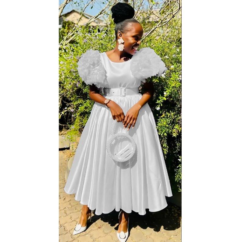 Flare Short Sleeve Round-Neck Belted Midi Dress