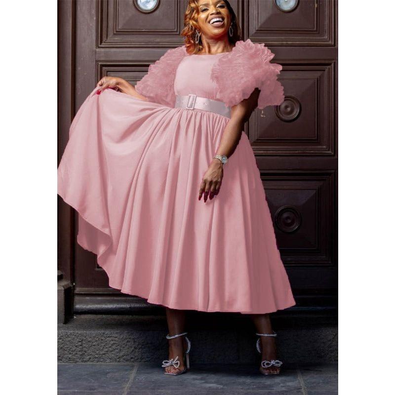 Flare Short Sleeve Round-Neck Belted Midi Dress