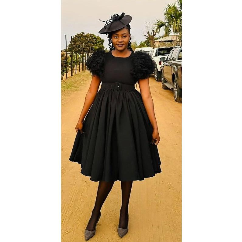 Flare Short Sleeve Round-Neck Belted Midi Dress