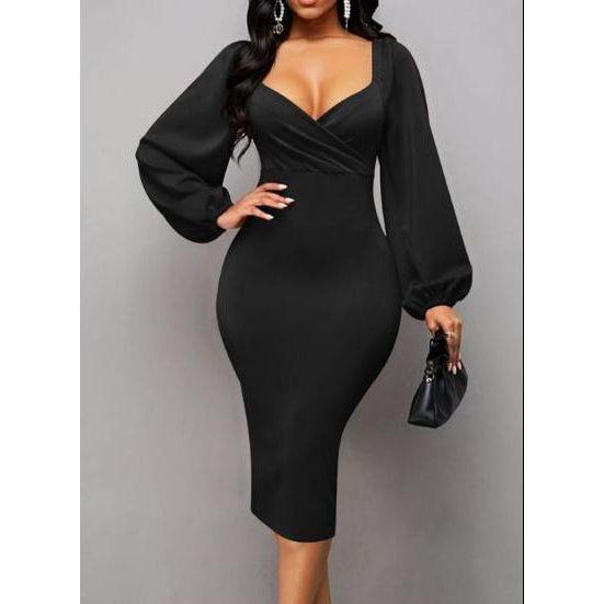 Solid Lantern Sleeve V-Neck Dress Elegant Split Bodycon