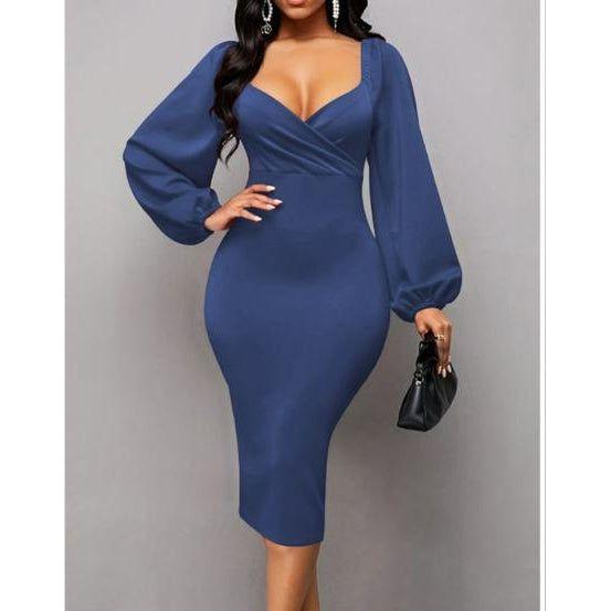 Solid Lantern Sleeve V-Neck Dress Elegant Split Bodycon