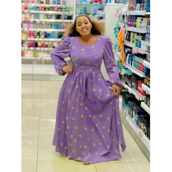 Square Neck Floral Textured Flare Waist Long Sleeve Dress