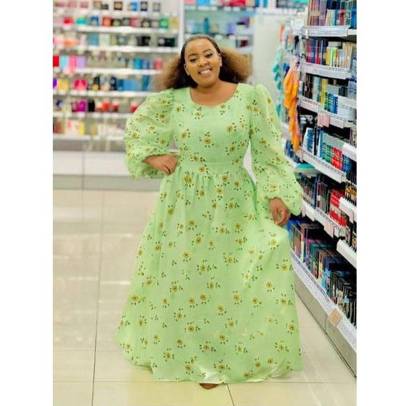 Square Neck Floral Textured Flare Waist Long Sleeve Dress