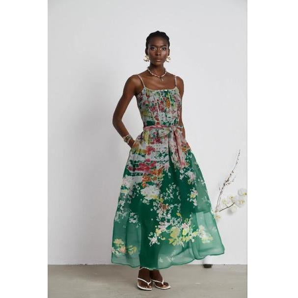 Printed Multi-Color Floral Linen-blend Maxi Dress.